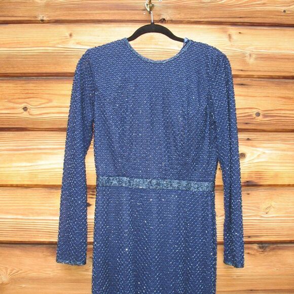 Mac Duggal 5056 Womens Blue BEADED HIGH NECK LONG SLEEVE GOWN WITH DETAILED BELT - Picture 7 of 15